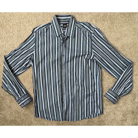 BOSS Hugo Boss Shirt Button Down Blue White Striped Long Sleeve Mens Size Medium - Picture 1 of 9